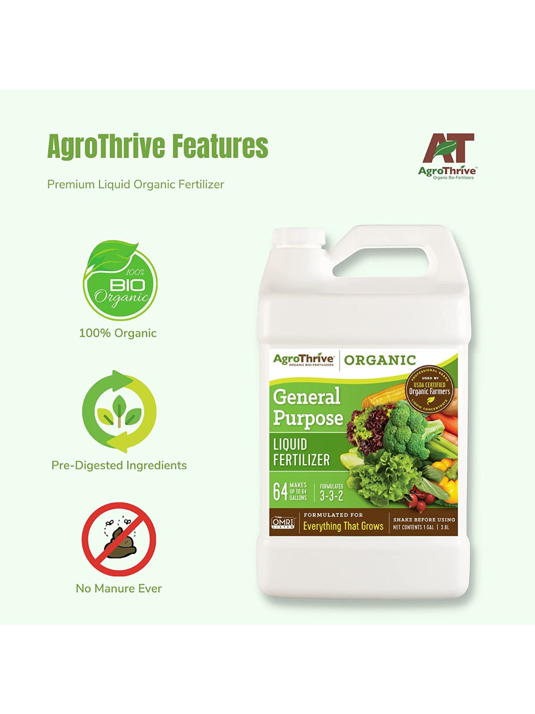 AgroThrive Organic 3-3-2 General Purpose Liquid Fertilizer Features