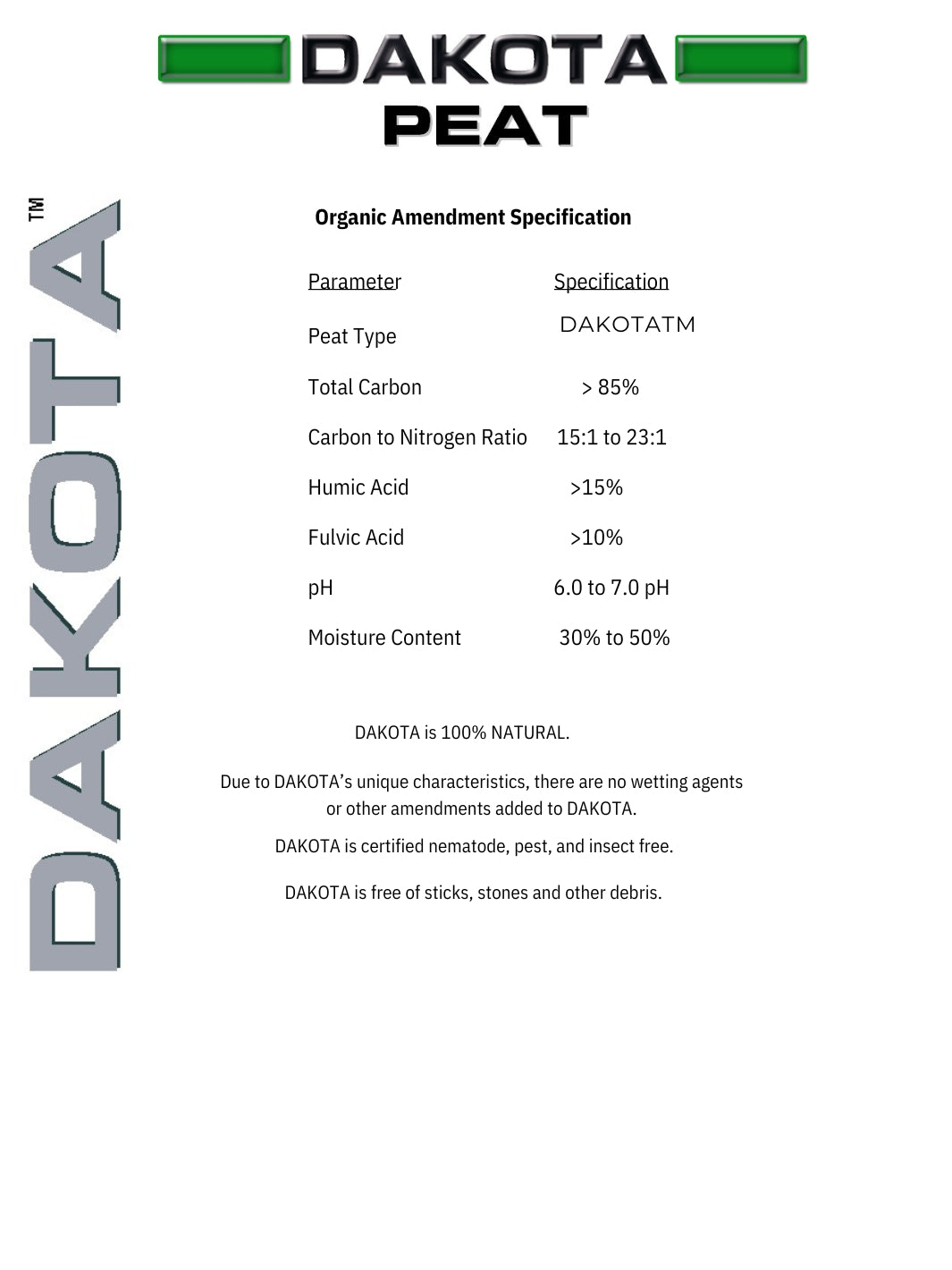 Dakota Peat Organic Amendment Specification